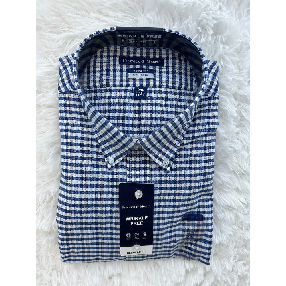Preswick & Moore 2XL Wrinkle Free Blue Check Dress Shirt Regular 18-18.5 34/35
